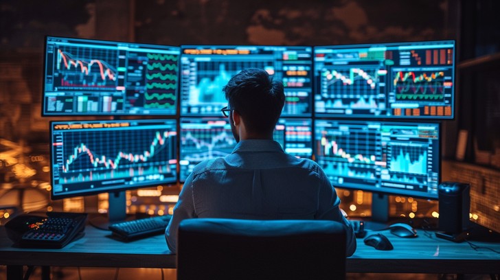 Investment desk monitoring live equity charts across six screens.