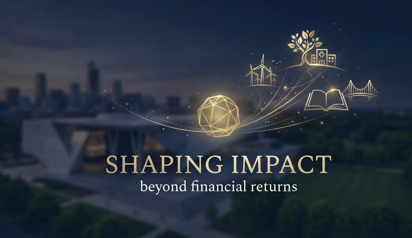 Golden impact graphic over a city skyline: shaping outcomes beyond financial returns.