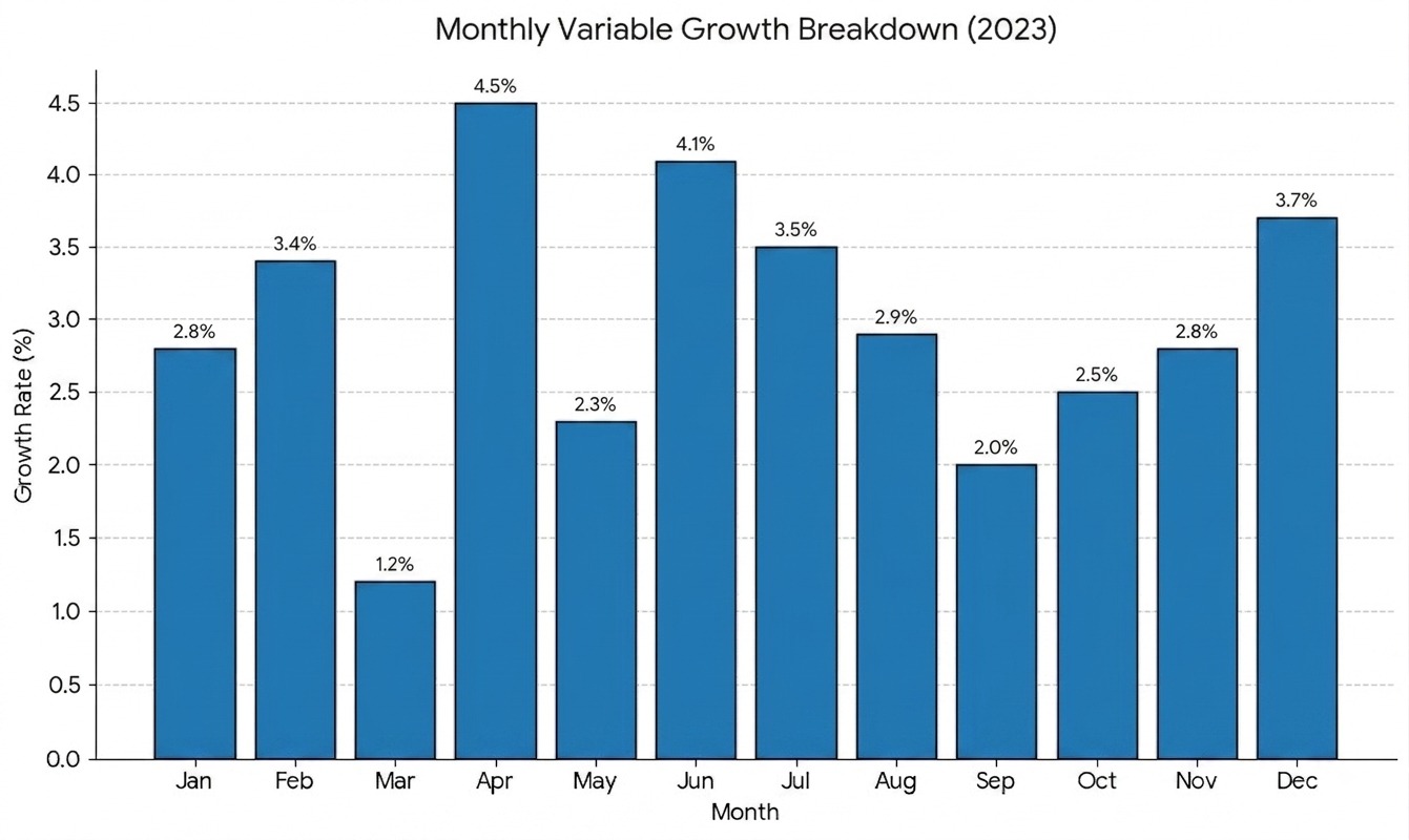 Monthly variable growth breakdown for calendar year 2023.